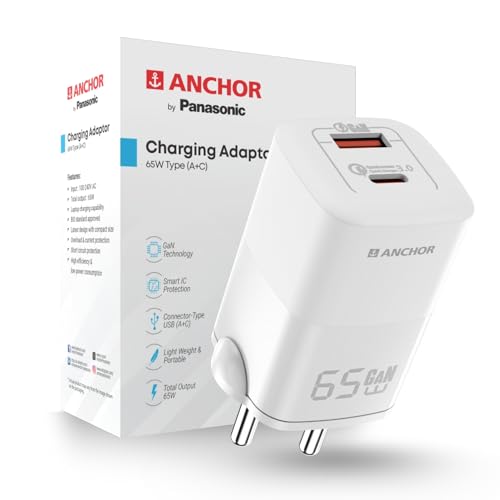 Image of Anchor by Panasonic Type C Dual Port 65W GaN Fast Wall Charger, Compact Travel Adapter with Short Circuit Protection, High Speed Charging for Samsung, iPhone, Headphone, Camera, Laptop