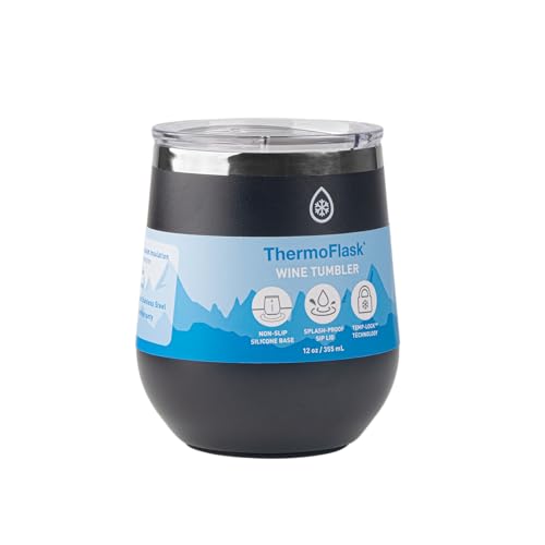 Image of ThermoFlask Drinkware Wine Tumbler - Double-Wall Tumbler for Cold & Hot Drinks - Lightweight & Simple Drink Cup with Lid - Modern & Durable Drinking Cup - 12 oz, Jet Black