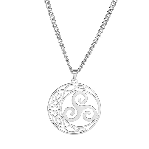 VASSAGO Collar de nudo celta con colgante redondo de triple espiral, collar vikingo, celta, trisquele, nudo trinitario, joyería irlandesa de buena suerte para mujeres y hombres, 20 inches, Acero