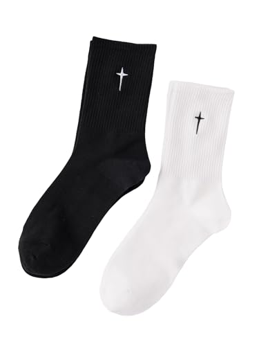 Men's 2pairs Cross Embroidered Casual Crew Socks