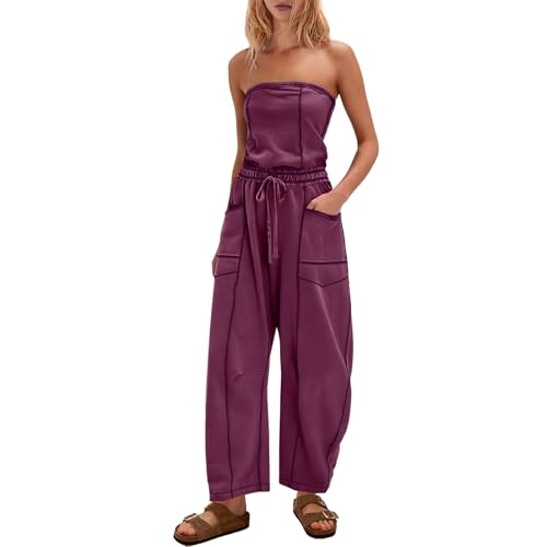 TURVAND Womens Strapless Jumpsuits Off the Shoulder Tube Top barrel Overalls Loose Fit Romper with Pockets One Piece Outfits
