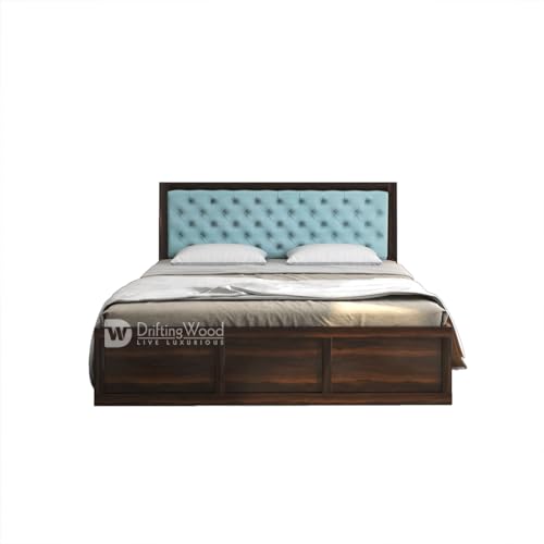 Image of DRIFTINGWOOD Dolvi Solid Sheesham Wood Queen Size Bed with Storage | Wooden Double Bed Cot Bed with Box Storage & Matt Cyan Velvet Upholstered Cushioned Headboard for Bedroom | Walnut Finish