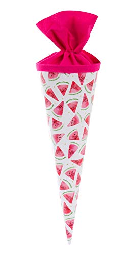 goldbuch 93 426 Geschwistertüte Melone, Schultüte mit Melonenmuster, Lackkarton, Geschenkverpackung mit pinkem Filzverschluss (ohne Verschlussband), Zuckertüte rund, Länge 35 cm, Ø 11,5 cm, Weiß