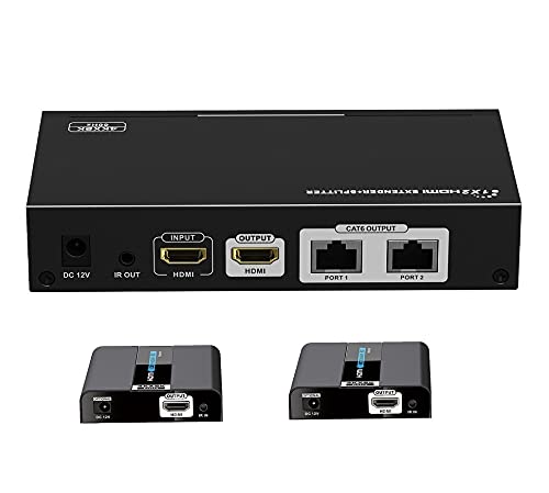 Up to 100Ft, 4Kx2K@60Hz LKV712Pro-V2.0 1x2 HDMI POE Extender Splitter Converter with HDMI Loop-Out Over CAT6/6a/7 30 Meter with IR Remote