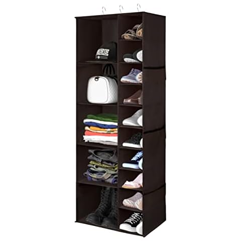 Libeder Shoe Organizer for Closet, 15 Shelf Hanging Closet Storage Shelves - 10 Shoe Rack Organizer and 5 Compartment for Clothes with 6 Side Mesh Pockets for Scarf, Socks,Gloves Coffee Cover