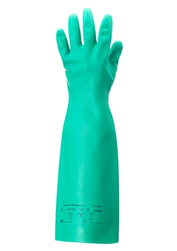 Image of Ansell AlphaTec 37-185 Chemical-Resistant Nitrile Gloves, Liquid and Splash Protection, Food-Handling, Silicone and Latex-Free Work Glove, Waterproof, Reusable, Green, Size M (1 Pair)