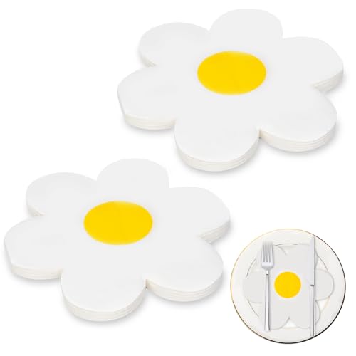 ​40 Serviettes en Papier Motif Marguerite 16x16cm - 2x20Pcs pour Anniversaire/Mariage/Pique-nique - Décoration de Table Printanière en Blanc & Jaune -...