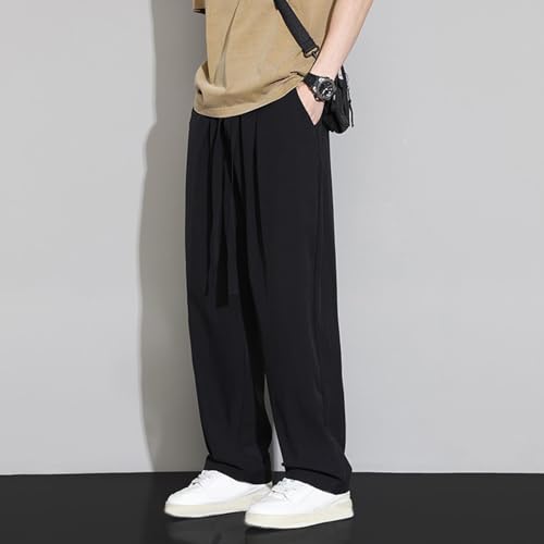 Casual Pants for Men Summer Lightweight Straight Leg Pant Solid Color Drawstring Elastic Waist Long Pants with Pockets2