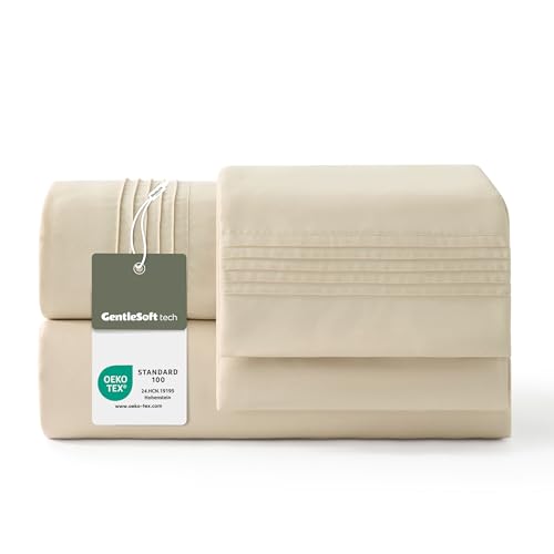Bedsure Juego de Sabanas 150x200 - 4 Piezas Microfibra de Poliéster Transpirable y de Secado Rápido - OEKO TEX - Sábana Bajera, Sábana Plana y 2 Fundas de Almohada 50x75, Para Cama 150, Beige