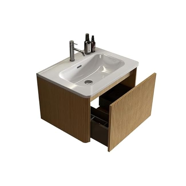 24 Pre - Assembled Wall - Mounted Floating Bathroom Vanity in Striped Natural Oak with White Ceramic Sink
