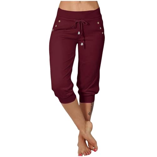 Pantalón corto de verano de algodón de lino para las mujeres elástico cintura casual color sólido pantalones con bolsillo moda suelta lino y algodón pantalones de gran tamaño 3/4 verano Adelgazar