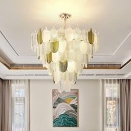 Image of 600MM Chandelier for Living Room | Cascading White & Gold Leaf Panel Design in Tiered Style | Smart Control, Alexa & Google Assistant | 3 Color LED Jhumar Ceiling Light for Dining Hall