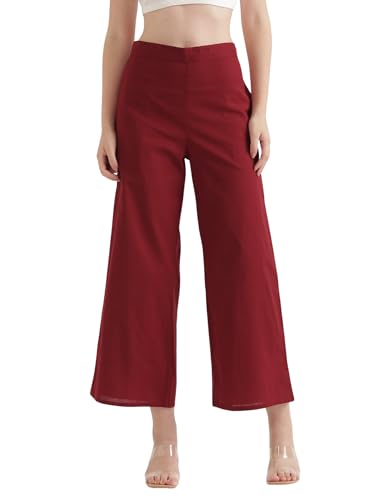 Image of SAADAA Women's Relaxed Fit Mid Rise Airy Linen Wide Leg Pants, High Waist Trousers for Formal, Casual & Office Wear