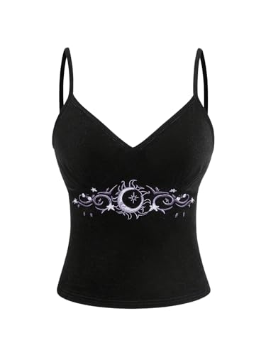 SOLY HUX Women's Y2k Cami Crop Top V Neck Spaghetti Strap Sun Moon Embroidery Tops Black Embroidery...
