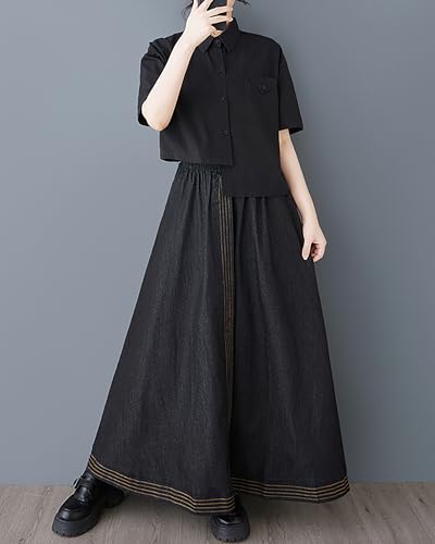 ellazhu Women's Skirt Elastic Waist Solid Straight Hem Two Side Pockets Maxi Loose Casual GZ4152