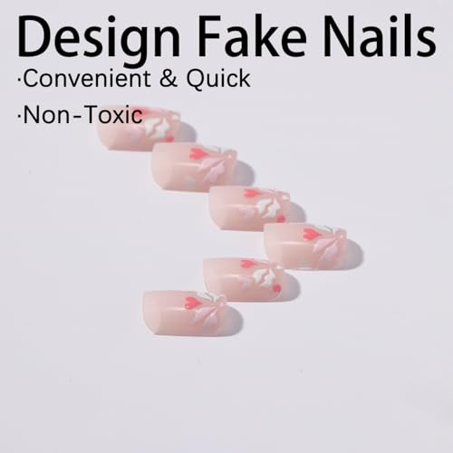 Image of White French Tip Press on Toenails Heart Fake Toenails with Design Lip Print Glue on Toe Nail Short Square ToeNail Glossy Full Cover Valentines Stick on Toes for Women Manicure 24Pcs