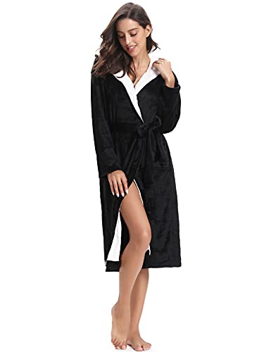 Nieery Bademantel Damen Flauschig mit Kapuze Fleece Morgenmantel Lang Winter Warme Saunamantel mit Taschen Langarm Hausmantel für Frauen Schwarz L Stil 1 Cover