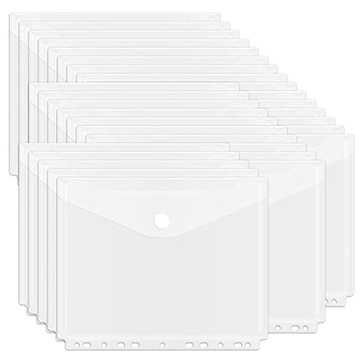 EOOUT 30Pcs Binder Pocket, Binder Organizer, 11 Holes Clear Poly Binder Envelope with Hook and Loop Closure, Plastic Binder Folders for School and Office Supplies, Letter Size