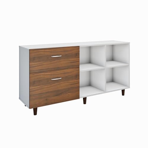 Image of VIKI Modern TV Unit for Living Room | Engineered Wood TV Cabinet with 2 Drawer Storage & 2 Open Shelves, Entertainment Unit, 140W x 74H x 40D cm | DIY | 1 Year Warranty (White & Walnut)