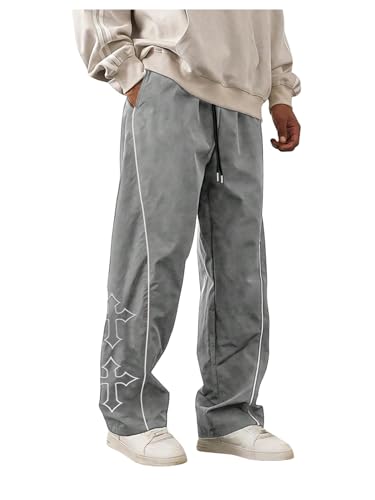 SHENHE Men's Casual Cross Print Loose Pants Straight Leg Drawstring Baggy Pant Trousers Light Grey Large