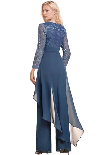 2 Pieces Mother of The Bride Pant Suits for Wedding Long Sleeve Chiffon Lace V Neck Pant Suits for Women Dressy4