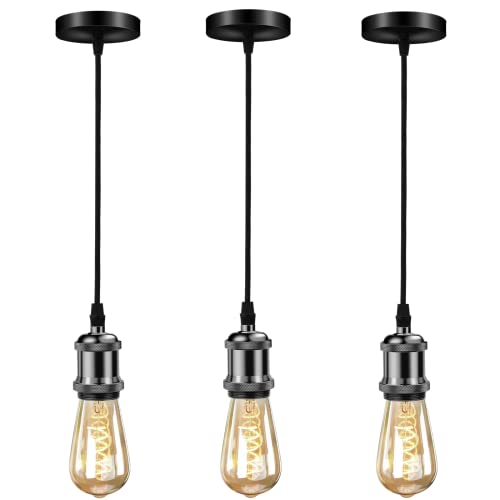3Pcs Industriel Suspension en métal, Luminaire Rétro Suspendue Douille de lampe E27 avec Réglable câble Éclairage de Plafond pour Restaurant Salon Chambre...