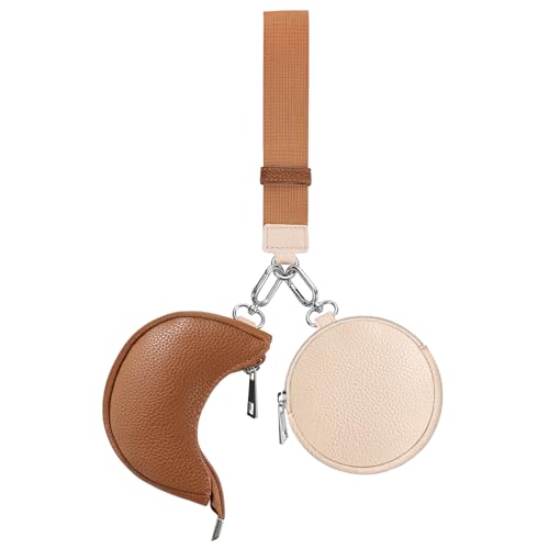 Dual Pouch Wristlet Keychain Wallet Double keychain wallets Mini Pouch Coin Purse Women Coin Detachable Wrist Zip Bag (Pinkg&Brown)