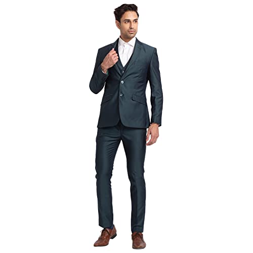 Image of Park Avenue Men's Super Slim Fit Terry Rayon Blend Peak Lapel Jacquard Pattern Full Sleeve Dark Blue Ceremonial Suit