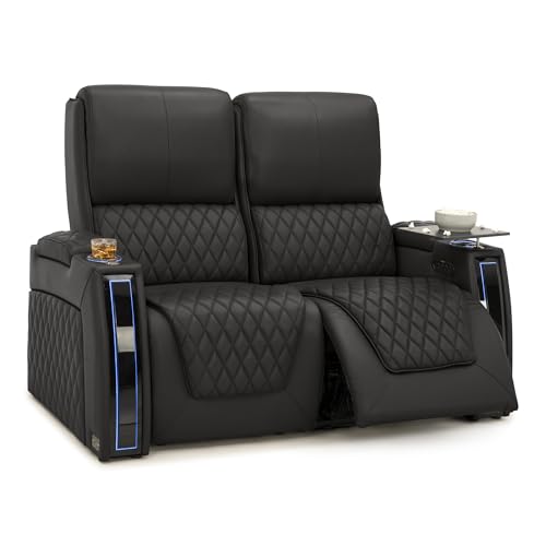Image of Seatcraft Apex Black Italian Leather Home Theater Seating, Zero Gravity Power Recliner Chair, Powered Headrest and Lumbar Gaming and Lounge Sofa Furniture for Cinema Room, Row of 2 Loveseats