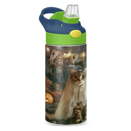 Takiito Halloween Cat in Costume 12 oz Stainless Steel Kids Water Bottle with Straw, Vacuum Insulated Water Bottle for Boys Girls, BPA Free &...