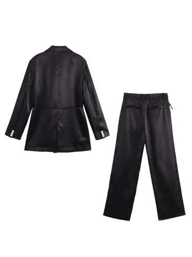 Women's Double Breasted Two Piece Casual Lapel Cardigan Jacket + Lace-Up Satin Trousers2