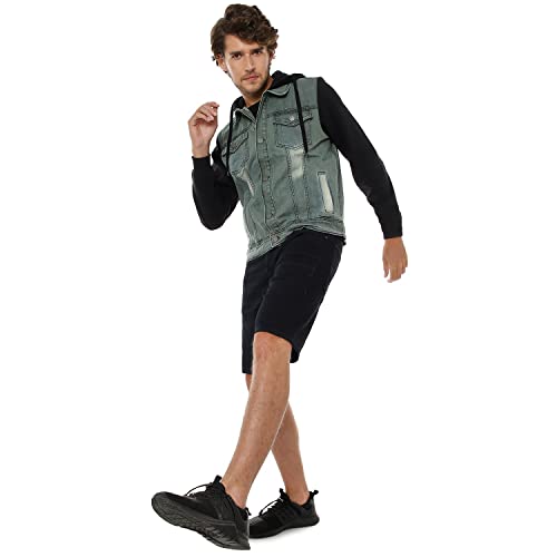 Image of CAHOOT Men's Grey & Black Light-Wash Denim Jacket with Sweatshirt Sleeve for Casual Wear | Hooded Neck | Long Sleeve | Button Closure | Cotton Jacket Crafted with Comfort Fit for Everyday Wear