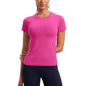 CRZ YOGA Seamless Workout Tops for Women Short Sleeve Athletic Tees Breathable Gym Running Yoga Shirts Hibiscus Purple Large