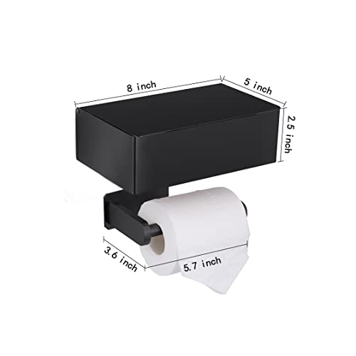 YRONG Adhesive Toilet Paper Holder with Shelf and Storage, Wall Mount Toilet Paper Roll Holder & Flushable Wipes Dispenser Set Fits Any Bathroom, Stainless Steel Tissue Holder-Round, Black