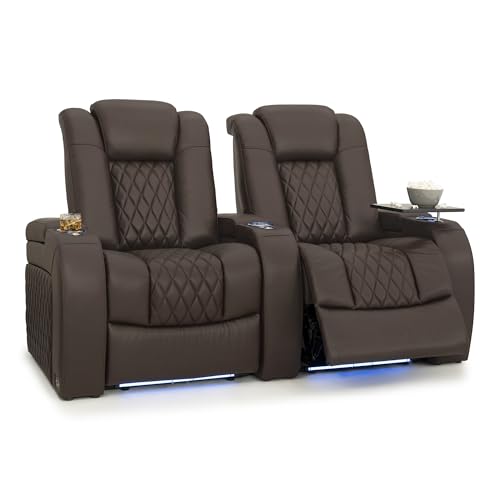 Image of Seatcraft Diamante Brown Italian Leather Home Theater Seating, Zero Gravity Power Recliner Gaming and Home Office Chair, Powered Headrest Lounge Sofa Furniture for Cinema Room, Row of 2