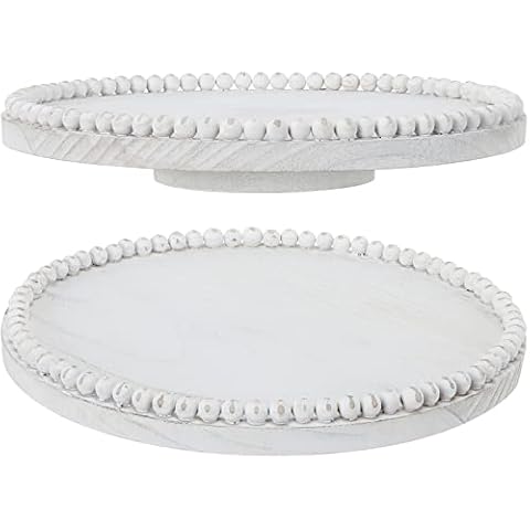 Yalikop White Beaded Lazy Susan Wooden Kitchen Turntable Round Spinning Lazy Susan Organizer Wood Lazy Susan Turntable 360 Degrees Rotating Lazy Susan for Table Pantry Cabinet Tray Stand (12 Inches) Cover