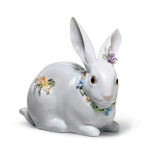 LLADRÓ Figura Conejito Atento con Flores. Figura Conejo de Porcelana.