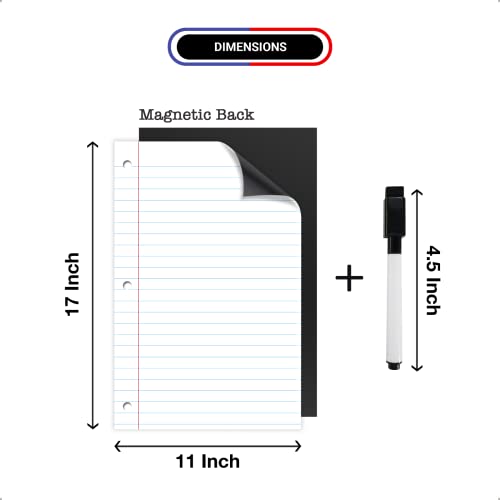 Dry erase Magnetic sheet - Notebook design. 11x17 inches. Comes with 1 Black Dry erase Magnetic Fine Tip Marker with Eraser.