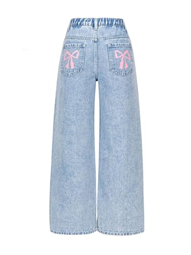 Girl's Graphic Baggy Jeans Y2k Ripped Straight Leg Denim Pants with Pockets