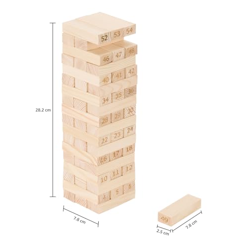 Image of Amazon Brand - Jam & Honey- 54pcs Premium Hardwood Tumbling Tower,4 Dices | Wooden Building Blocks | Stacking Tower Game |Party Game, Birthday Gift for Adults and Kids Age 6+, Multiplayers