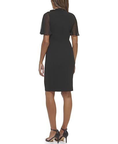 Image of Calvin Klein Women's Short Chiffon Flutter Sleeve Tie Neck Crepe Mini Sheath Dress