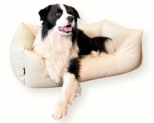 4L Textil Mario Hundebett Kunstleder Hundekorb aus Kunstleder Wasserfestes Hundebett mittelgroße Hunde Hundesofa Lederoptik (100x70 cm, Beige)