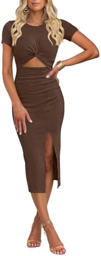 oten Women's Summer Short Sleeve Cutout Twist Front Side Slit Rib...