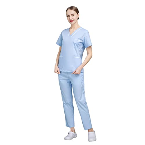 Pharmacist Uniforms Nursing Shirts Short-Sleeved Medical Uniforms Beauty Salon Workwear Dental Clinic Clothes Tops &Pants (Small,Sky Blue,Small)