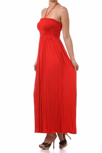 Image of Sakkas Soft Jersey Feel Solid Color Smocked Bodice String Halter Long Dress