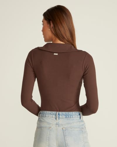 Image of BYLT Ribbed Long Sleeve Bodysuit for Women with Built-In Bra - Collared Moisture Wicking Body Suit - Fitted Thong Bodysuits