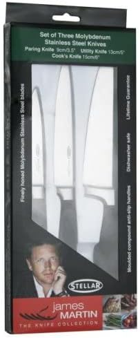 Stellar James Martin Kitchen Knife Set Block Carbon Stainless Steel, Razor Sharp Blades, Anti-Slip Handles (Set of 3 Cook's Knives)