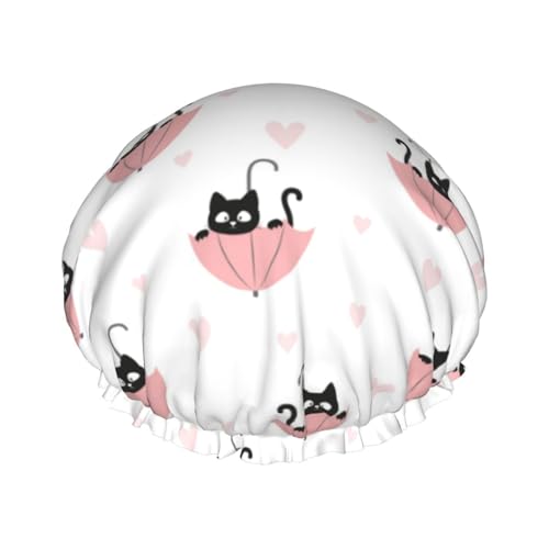 Hair Cap for Shower - Umbrella cat Double Layer Shower Cap Reusable Waterproof, Large Shower Cap for Women, Hair Cap for Shower with Peva Lining and Elastic Rope