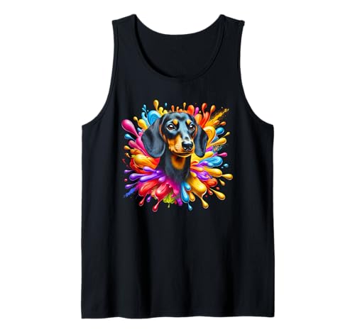 Lindo perro salchicha en salpicaduras de colores Camiseta sin Mangas