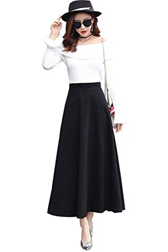 Women's Vintage High Waist Long Skirt A-line Fall/Winter Elegant Solid Wool Midi Skirt3